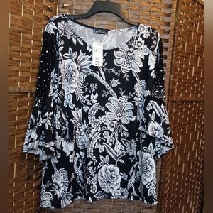 Anna Morgan Collection Embellished Floral Bell Sleeve Blouse Top
